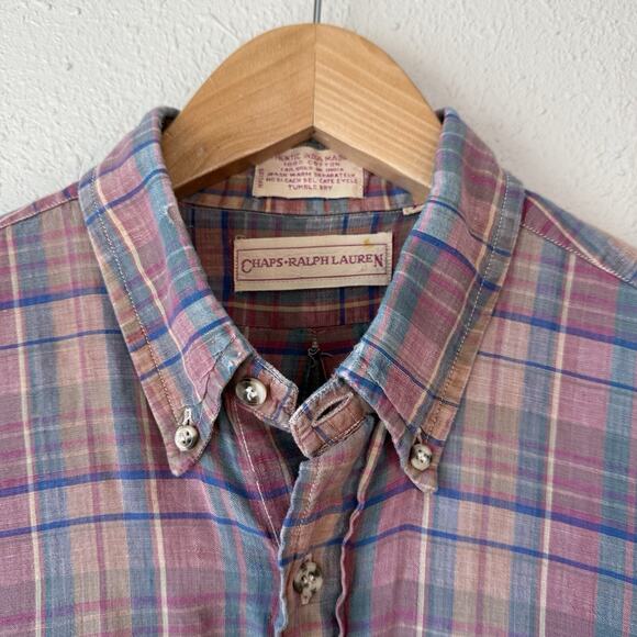 Chaps Ralph Lauren 90s Vintage Gauzy Light Button Plaid Shirt - Pink Mns Large - Picture 4 of 10